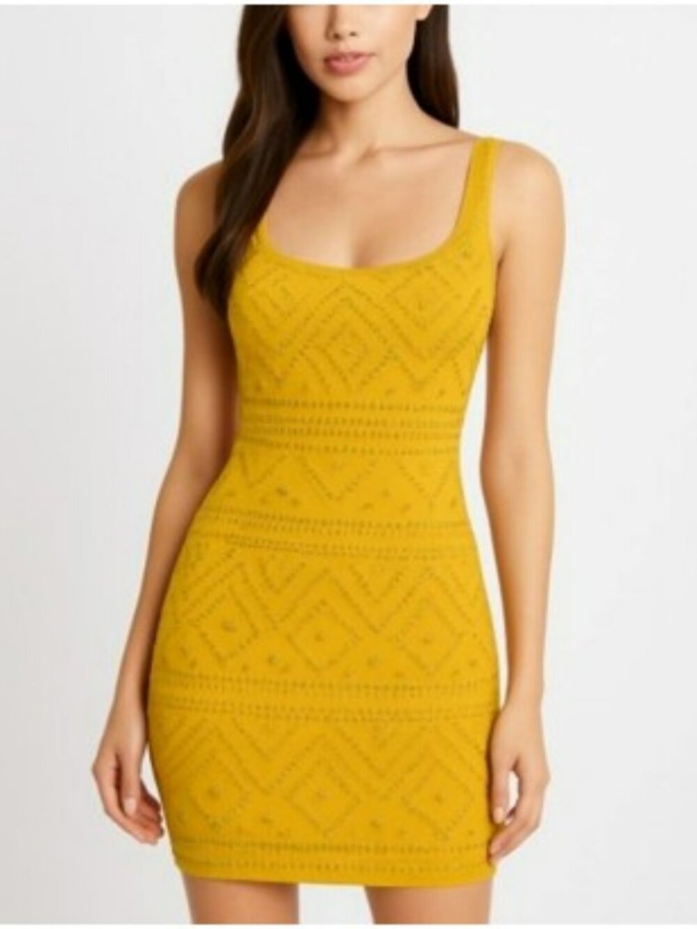 Bebe Women's Bodycon Mini Dress Size Small Mustard Yellow Silver Studs Party Y2K